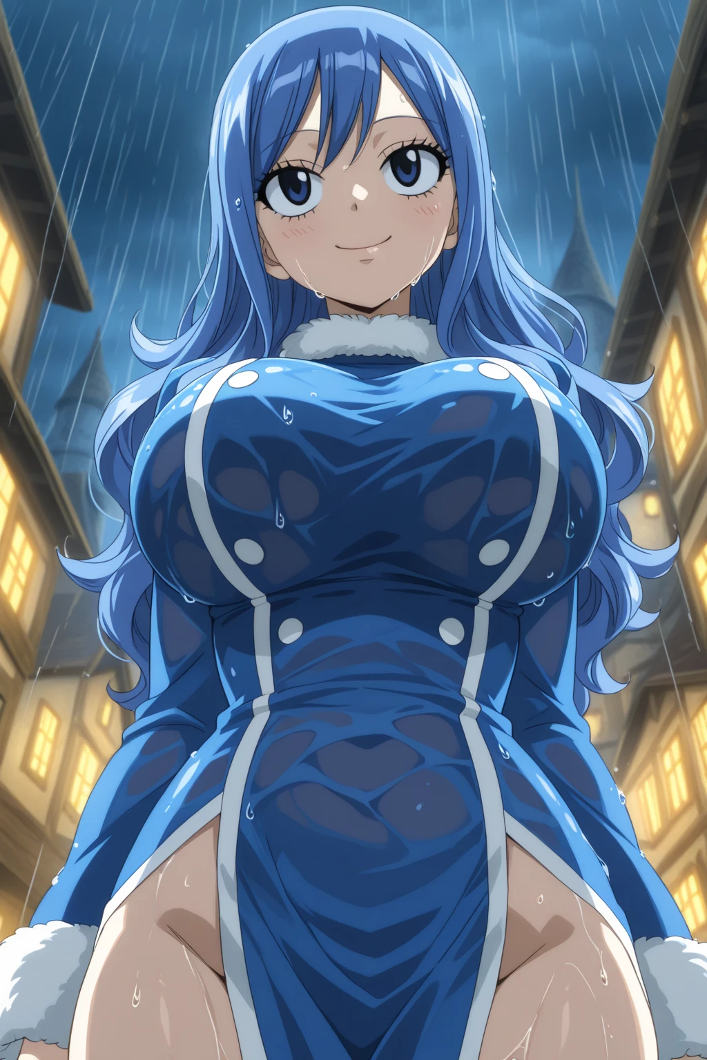 <lora:last:1>, 1girl, rain, umbrella, breasts, solo, hat, large breasts, leg tattoo, smile, looking at viewer, tattoo, side slit, dress, black eyes, thighs, thick thighs, belt, holding umbrella, fur trim, long hair, blue hair, thighhighs, wide hips, fur hat, hair between eyes, holding