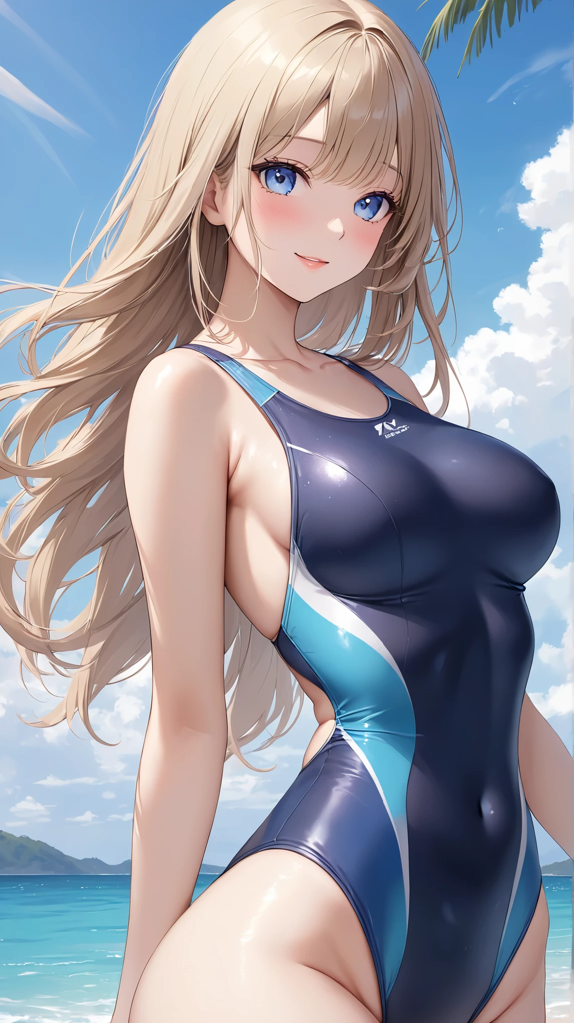 ((Best Quality)), (ultra-detailliert), ((Extremely detailed)), (Beautiful), ((Kawaii Girl)),  ((nffsw)), (masutepiece), (High quality), (Best Quality), (4K), (High quality), 1, Solo Girl, 1girl in, ((platinum-blonde-hair)), Parted bangs, ((Hair intake)), Long hair, (Hair is long with two sides up), ((Jade-colored eyes)), slanted eye, Large breasts, Slender body, competition swim suit, Pool Background, (Blue sky:1.3), Solar, Sunlight, Anime, ;D