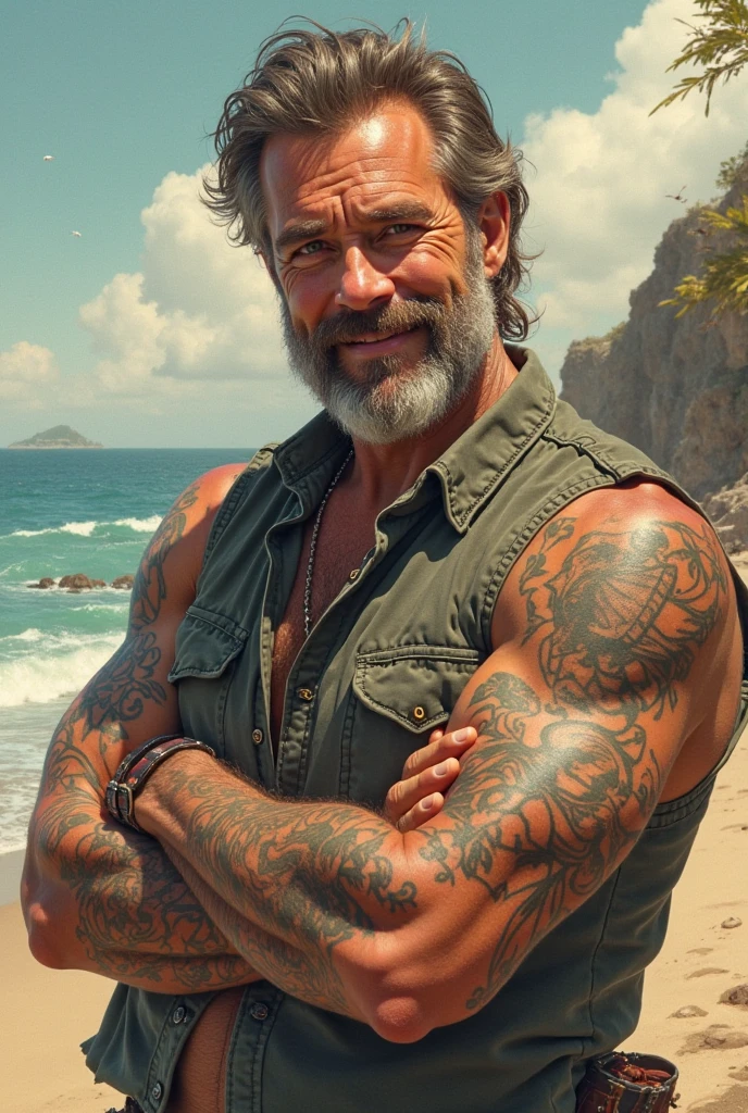 A short 45 year old man in good shape without
Shirt a lion tattoo on the inside of the arm with a surfboard next to it. Como paisagem de fundo uma praia com altas ondas e um dia de sol
