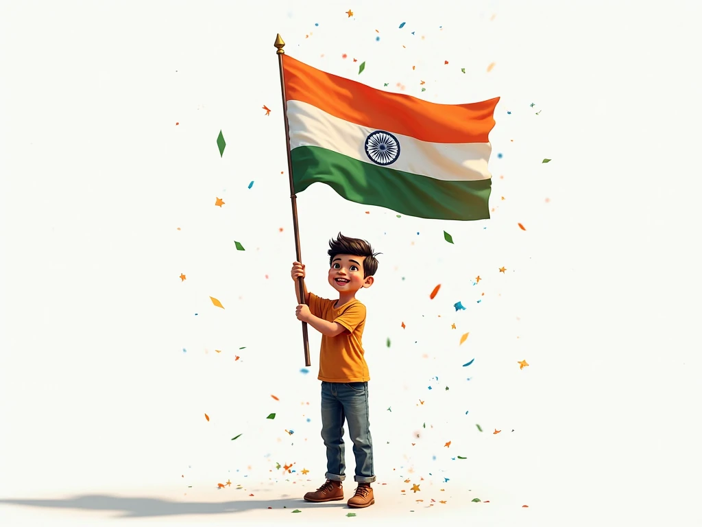 A real 15 years old boy, Wearing Orange T shirt blue jeans sneakers and the name "VIJAY" is written on his t-shirt and the boy is standing on the road with holding a national flag of India, and behind him is the Red Fort Delhi. And written on sky "Independence Day" Create Realistic image
