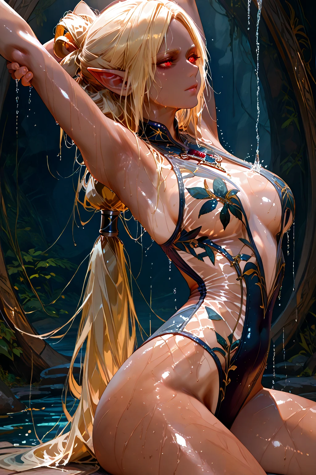 tsunade(naruto) in a sensual bikini coming out of a wet pool with her back turned and crouched down +18