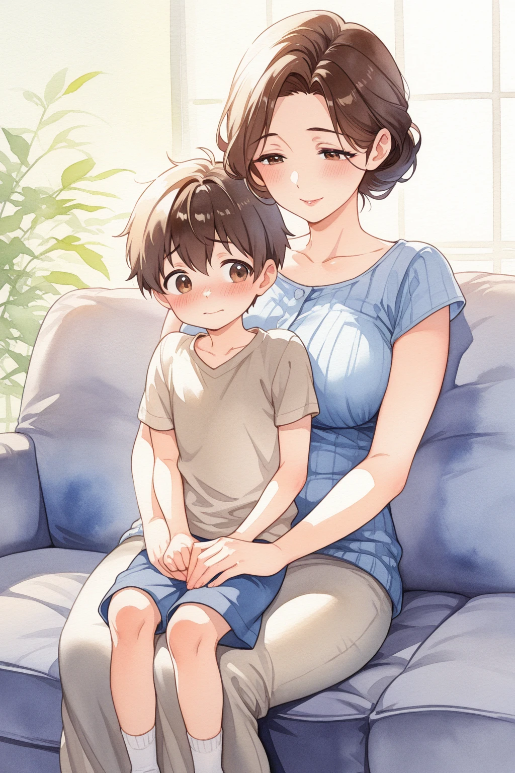 40 year old mother and 10 year old son,BedroomCuteSmile,Gazing at each other,Clothes get wet,Sweat,Lightweight nightwear,Embarrassed, check_9, check_8_up, check_7_up, source_anime, 1 boy, 1 girl, mature woman smiling, Mother and son, Child, sitting next to you, looking at each other, mother's hand on her son's lips, in the living room, mom seducing small son, 1 milf sitting on a red armchair with her little son ,Sweet mom with son, masterpiece, french kiss, mom is wearing stockings and bikini