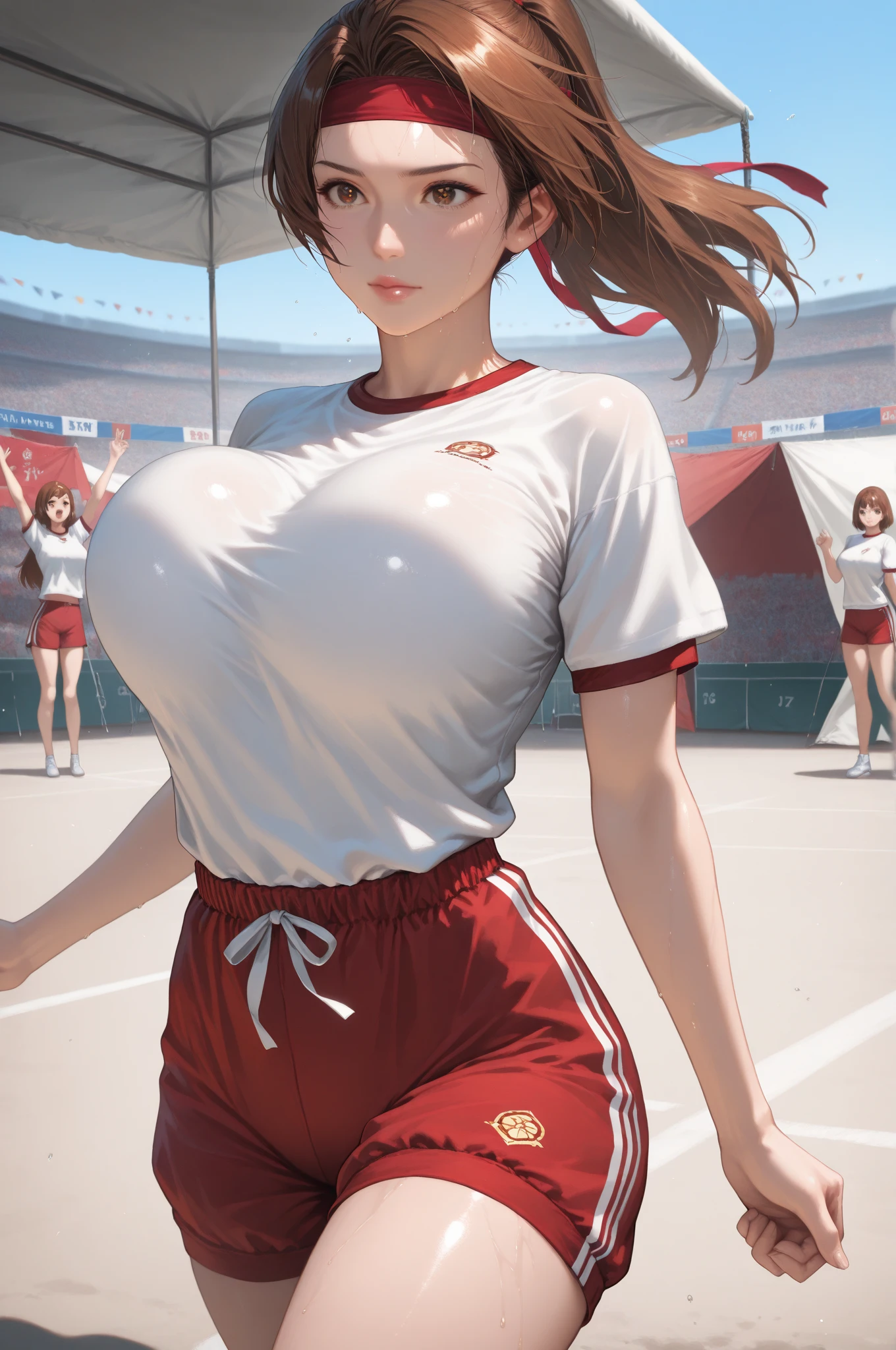 masterpiece:1.2, best quality), realistic, (real picture, intricate details, depth of field), (1girl, solo), make up, parted lips, highly-detailed, perfect face,
(huge breasts:1.4), (skindentation), thick thighs, wide hips, small waist, tall, glossy coral lips,
red hairs, red eyes, ponytail,
(A girl playing volleyball, white volleyball uniform), (sweating:1.2), (wet), sexy, blushing,