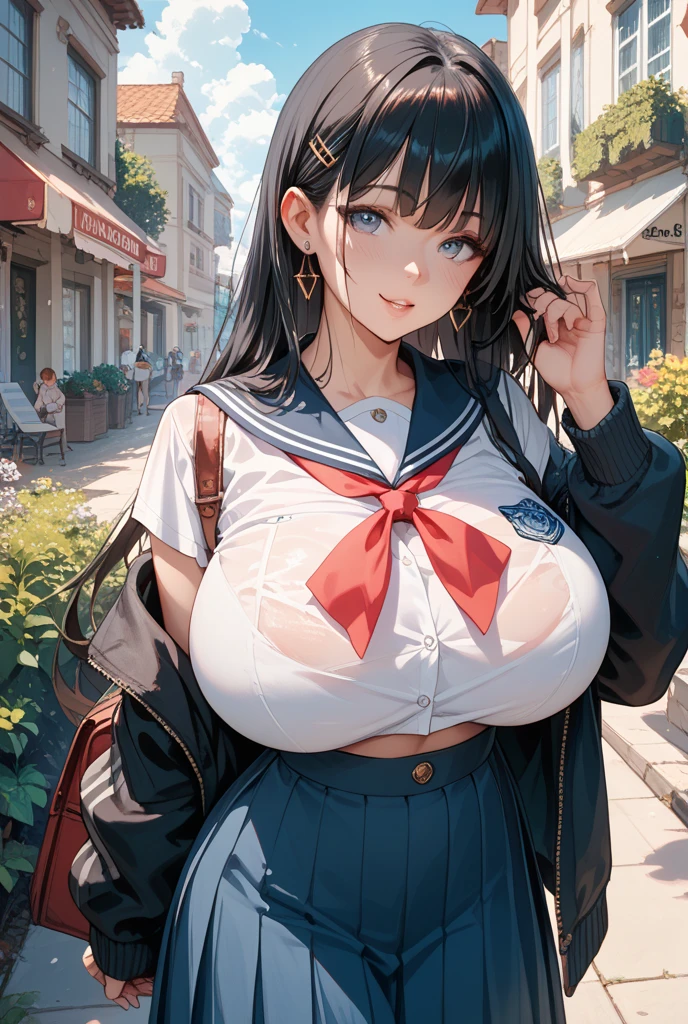 (8k, RAW Photos, Highest quality, masterpiece: 1.2), (Realistic: 1.3)、(solo:1.2)、She is wearing a sailor uniform and a cardigan.、Open cardigan、Navy blue FW, (Show off huge breasts:1.6)、Black hair pigtails、(10 year old female:1.6)、Plump、