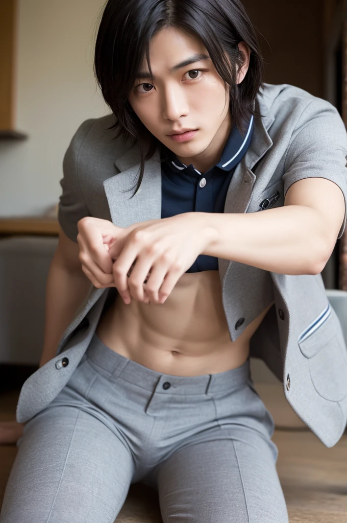 18 years old boy，School uniform tops，no clothes are worn，Expose the reproductive organs，abdominal muscles