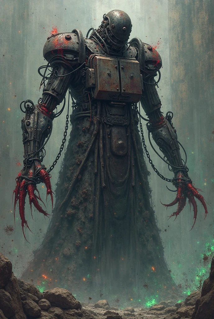 Humanoid monster resembling the living dead. He is missing an arm and a leg and they have been replaced by mechanical prostheses.. His clothes are torn. Part of his face is disfigured and the other part is made up of mechanical elements. He is on a deserted, rainy street and it is dark