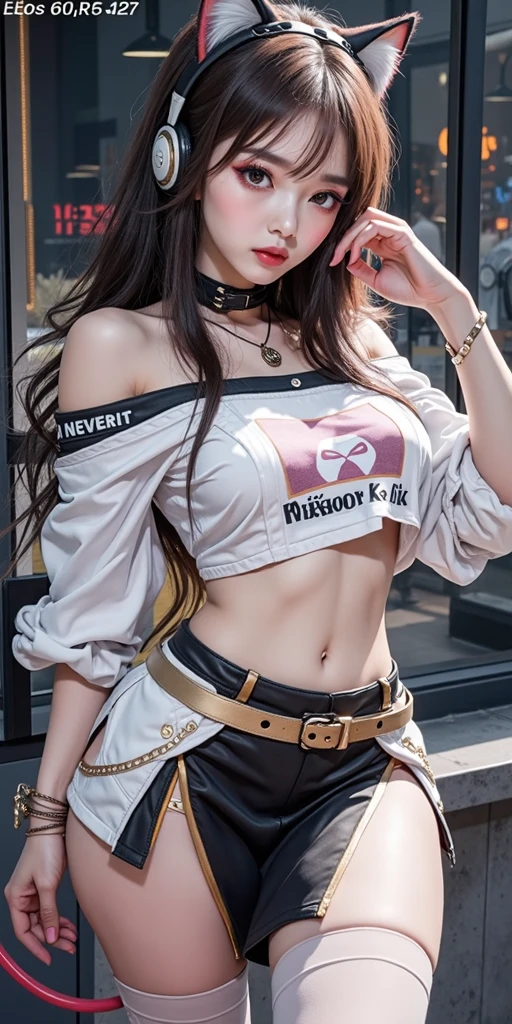 photorealistic, high resolution, 1 girl, long hair, korean, beauty eyes, print white sexy shirt, skimpy tight black shorts, thick thighs,print crop top sexy, lace underwear, yellow, red, blue, pink, purple, violet, 