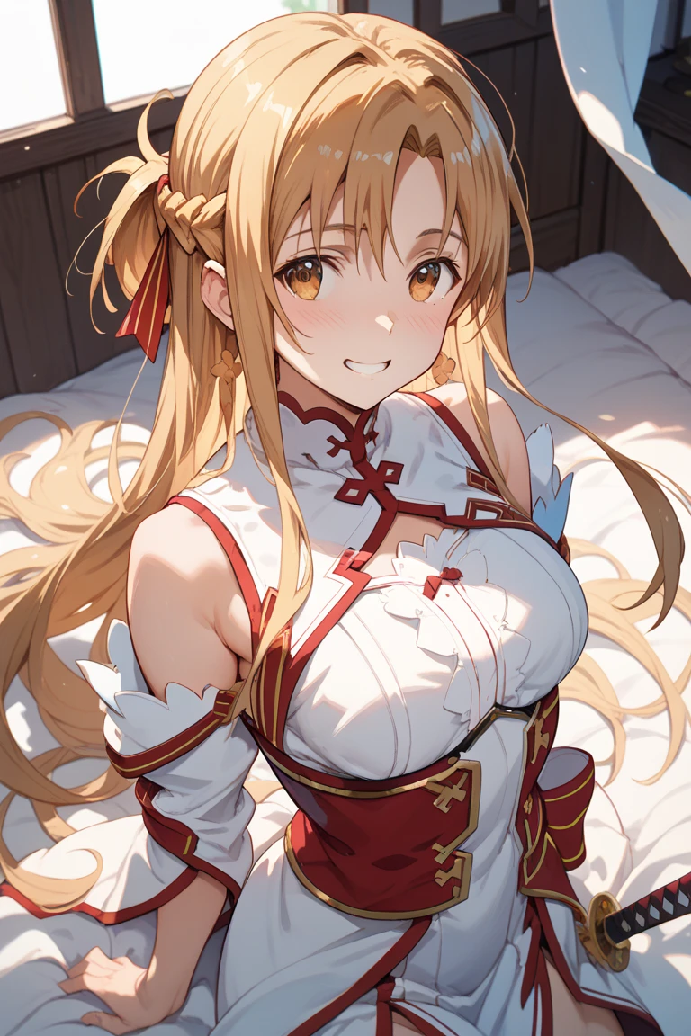 Mature female, Extremely delicate skin, masterpiece, best quality, Extremely detailed face, The best CG, Medium breasts, Bare shoulders, Maroon eyes, Long chestnut straight hair, White袖套, White, slim body, Sword Art Online, Asuna