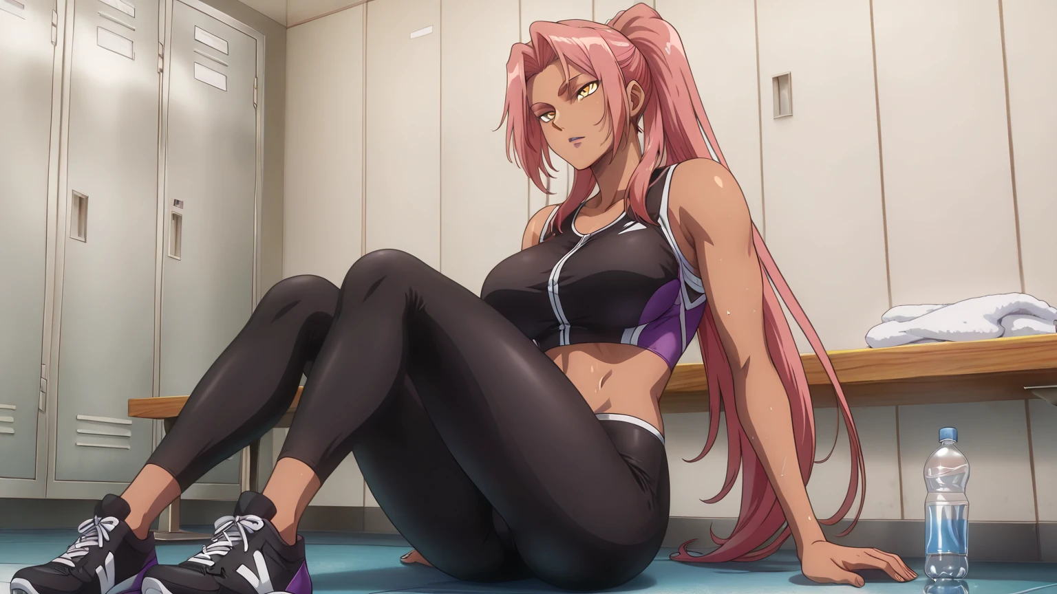 1 girl, (medium breasts))), (((wearing short bikini))), (long pink hair), (((blue eyes))), thin arms, (in the motel room), (thin waist), (((muscular leguscular belly, bare feet, (((sitting on the chair with her legs crossed looking at me))), (twintails), camera on the floor, black nails, perfect hands, perfect fingers and well detailed, one eye closed, Long Eyes, eye flare, happy, anime, anime style, ray tracing, reflection, drop shadow, panorama, Sony FE, 8k, UDisk, master piece, accurate, anatomically correct, Super Detail, best quality , ultra-high resolution, hard disk, 16k