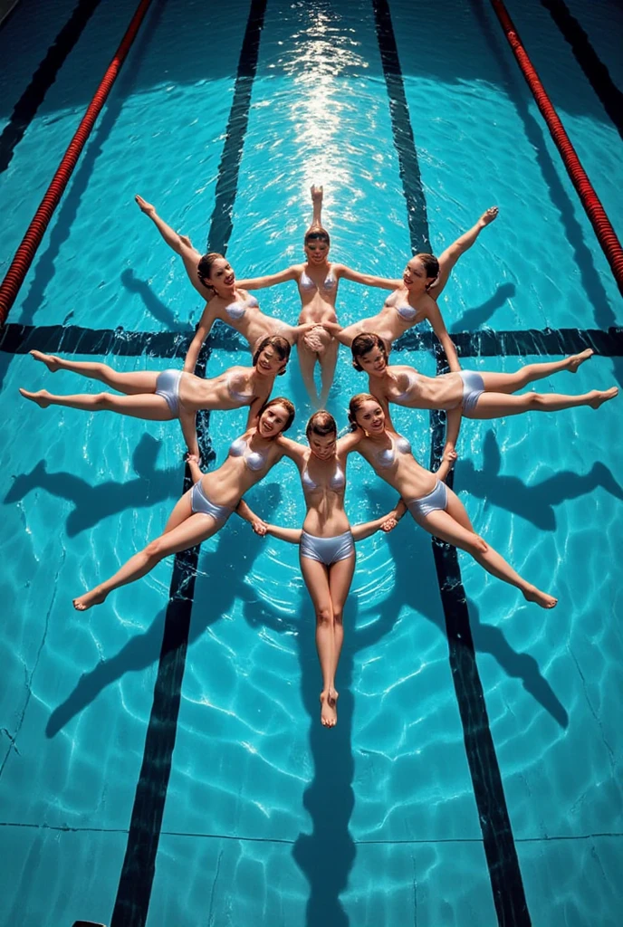 Several women in pink swimsuits stand in a circle underwater, symmetry!! Water, Symmetrical, Very symmetrical, billowing, Symetrical, in a jumping float pose, top-down photo, in water! Up to the shoulder, istock, by Dietmar Damerau, Holiday Season, step on calm water, floating random position