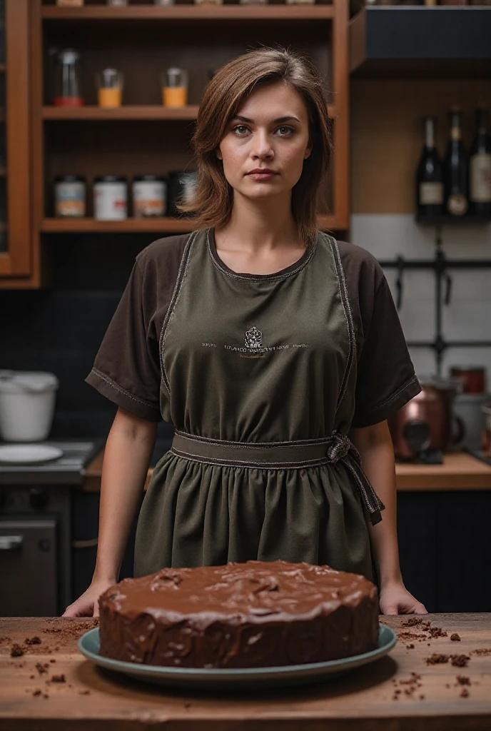 german woman, brown medium hair, brown eyes, 32 years old, the police officer, smirk, sexy cooking on the kitchen, long distance shot, wearing apron