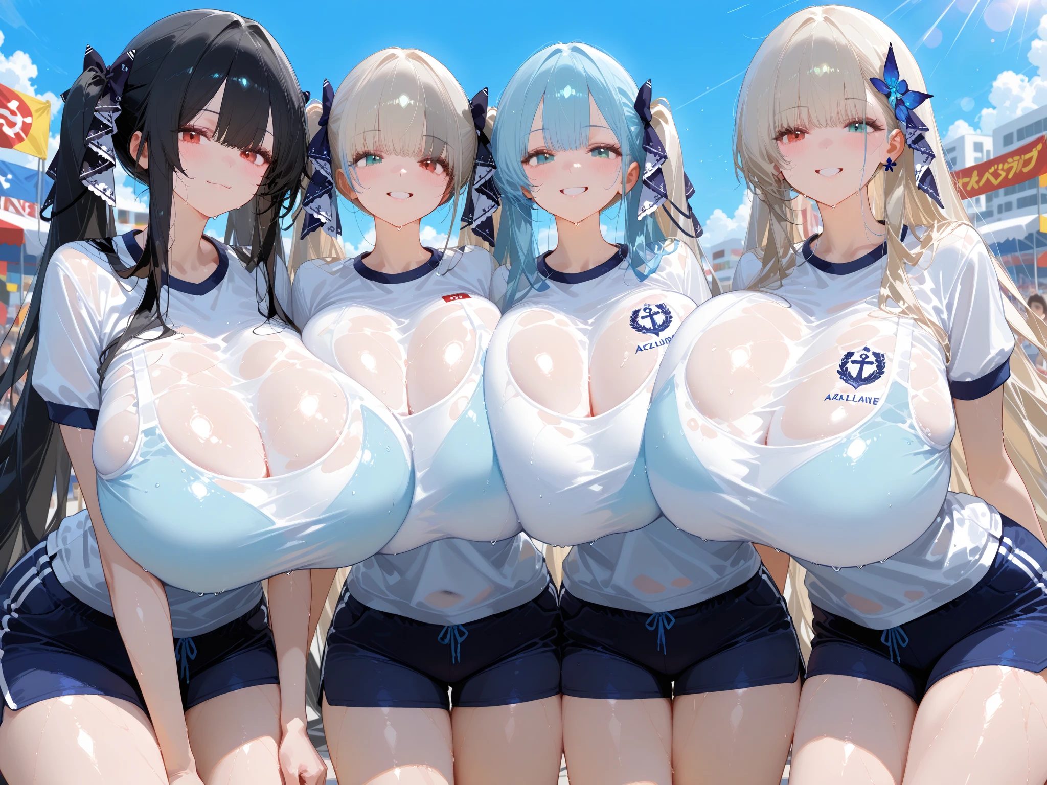 (((highest quality)))、(((masterpiece)))、An illustration、(((very delicate and beautiful)))、(((very detailed)))、cg、(((8k wallpaper)))、wonderful、small details、masterpiece、(((the best ultimate art)))、very detailed 、(((cg Unity 8k wallpaper)))、(((perfect japanese girl)))、(((huge breasts 1:1)))、(((Super Big 1:1)))、(((perfect body)))、(((perfect arms)))、(((perfect hands)))、(((perfect breasts)))、(((perfect face)))、(((perfect hairstyle)))、(((Nipples showing through)))、(((I can see your breasts)))、(((huge nipples)))、(((milking))),(((Ahegao 1:1)))、(((lined up in one line:1)))、(((Peel the whites of your eyes 1:1)))、(((Climax 1:1)))、(((orgasm 1:1)))、(((Acme 1:1)))、(((Stick out your tongue 1:1)))、(((black hair)))、(((ponytail)))、(((NSFW1:1)))、(((white gym uniform)))、(((navy blue bloomers)))