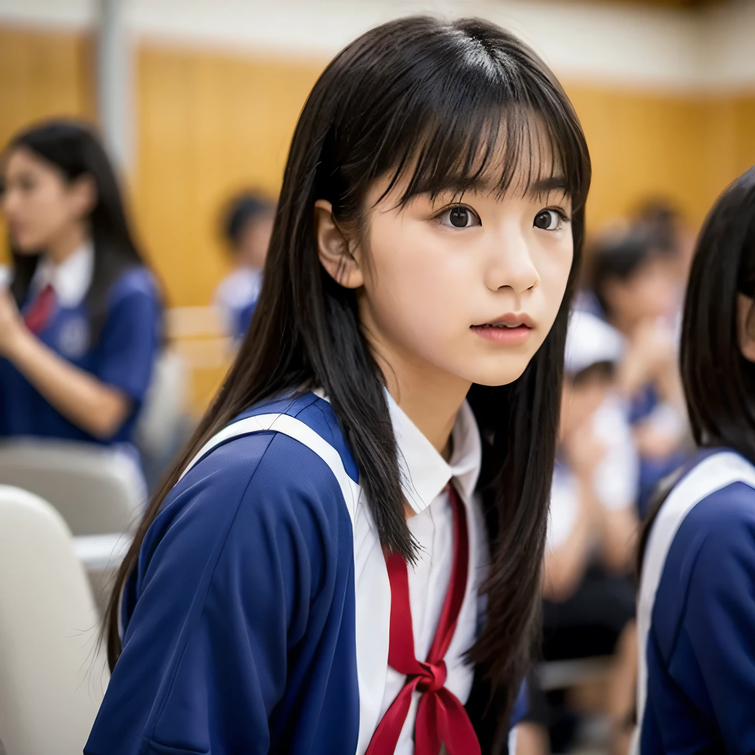 tie hair、ribbon、Dust cloud、school、Schoolyard、Games、Gym Clothes、Cheering section、 long hair, dark hair, dark eyes.