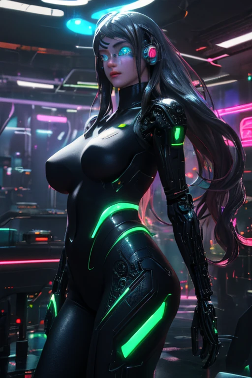 masterpiece, highest quality, (solo focus), (perfect face:1.1), (full body), (high detail:1.1), (hyper-detailed eyes), dramatic, a woman with pale skin and voluminous dark green-black hair, green eyes, solo, two-toned hair, arrogant expression, cybernetic outfit, cyberpunk, art by artgerm, cinematic lighting, fashion, BalenciagaStyle