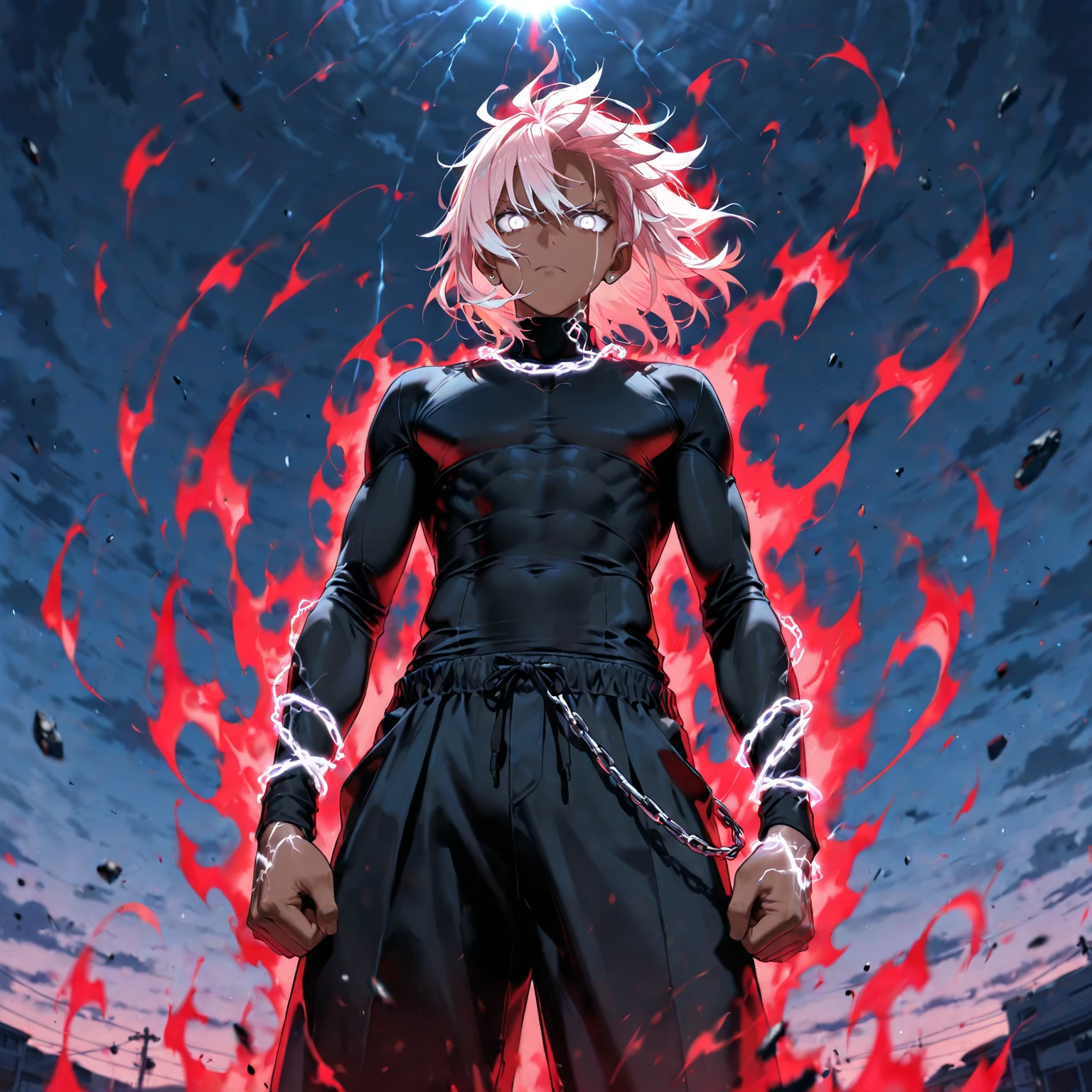 animated boy, A powerful half-demon character., ((with white hair )), ((red demonic eyes)), , Black pants, coming out of smoke, atmosphere of a snowy mountain with some Bolivar auroras, ((blood red accents)), intense expression, sharp focus, high detail, abastro)), ((Best Quality)), ultra detailed,((illustration)), dynamic angle, Detailed light, (delicate eyes), (He drowned:0.8),apathy, ray，Facade，anime style4K， 4k anime wallpaper， anime rudo 8k， comic wallpaper 4k