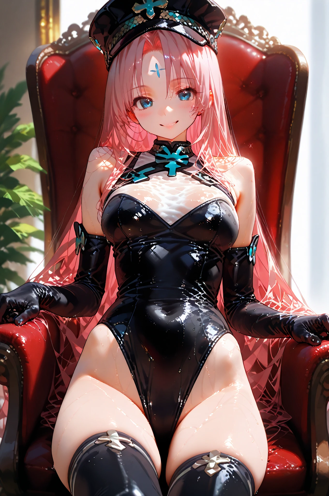 ((highest quality)), ((masterpiece)), (extremely detailed), kukolnydom, doll, mature woman, solo, cowboy shot, dynamic pose, seductive smile, pink hair, long hair, hairband, blunt bang, blue leotard, gym, 8k
