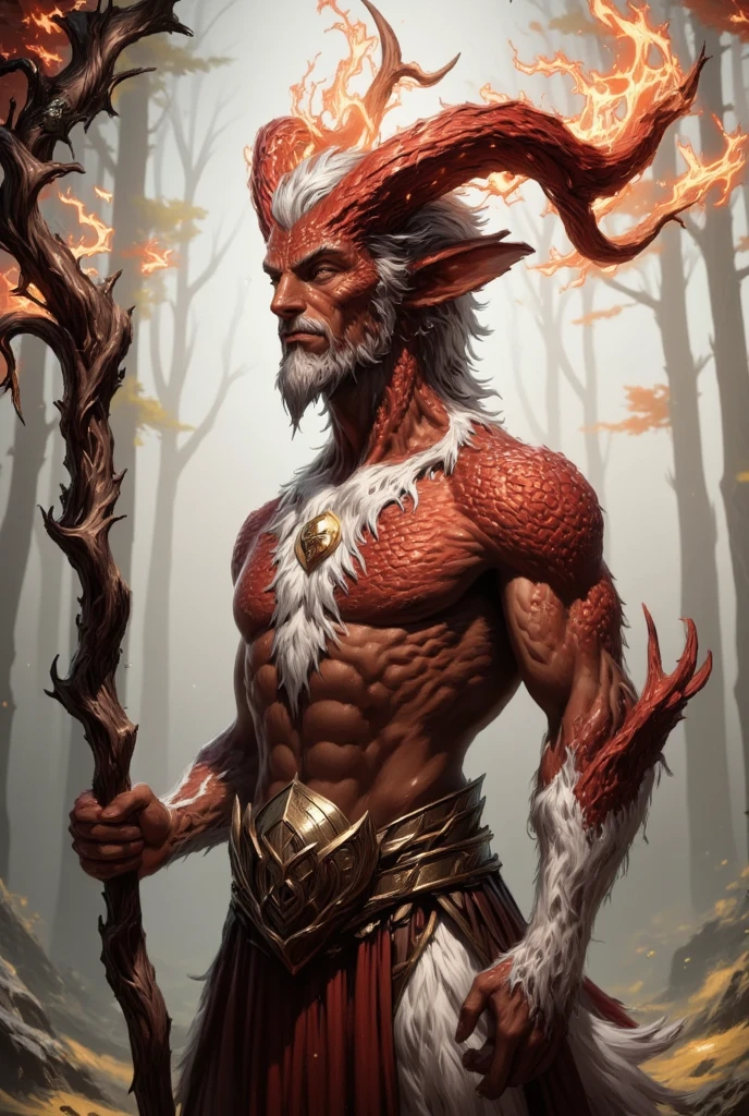 ultra-detailed, masterpiece, masterwork, high quality, best quality, hdr, (nature), , male, solo, hairy dragon, (()), (little red body minotaur), (white chubby body), (long golden hair, yellow eyes), standing, dynamic angle, (micropenis, , perfect ), public hair, (cross your arms), earrings