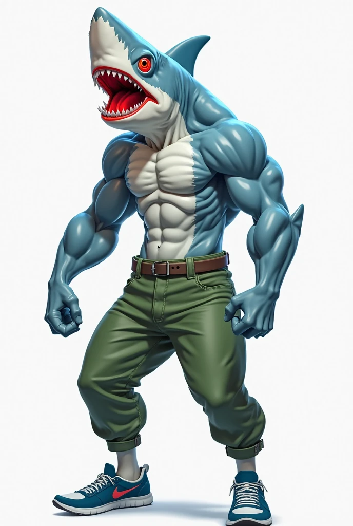 furry growth, hyper growth, hyper muscles, an evil shark, blue shark, blood in the mouth, shirtless, white shorts, muscular, on a black background