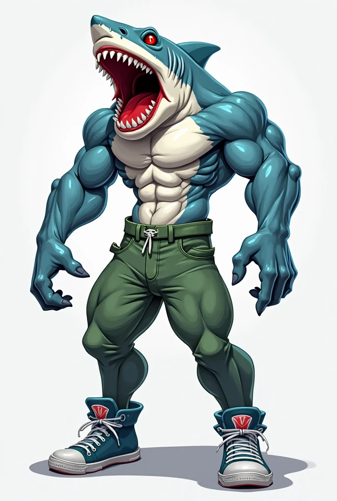 furry growth, big Bulge, hyper growth, hyper muscles, an evil shark, blue shark, blood in the mouth, shirtless, white shorts, muscular, on a gray background