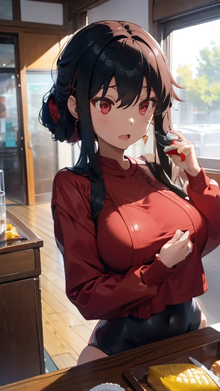 Yor Forger,Big Breasts,Black jacket,Jeans pants,In front of the front door of your home,Smiling expression,Mouth open,Head tilted 15 degrees,