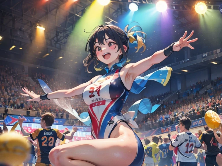 masterpiece, top-quality, Detailed details, Detailed landscapes, beatiful lights, Beautiful Shadows,one girls,12year old,open one's legs,is standing,Child's body shape,huge smile,(innocent smiles),detailed skin textures,Baton Twirler,Marching Band、stadio、blue-sky、llight rays、High contrast,low angles