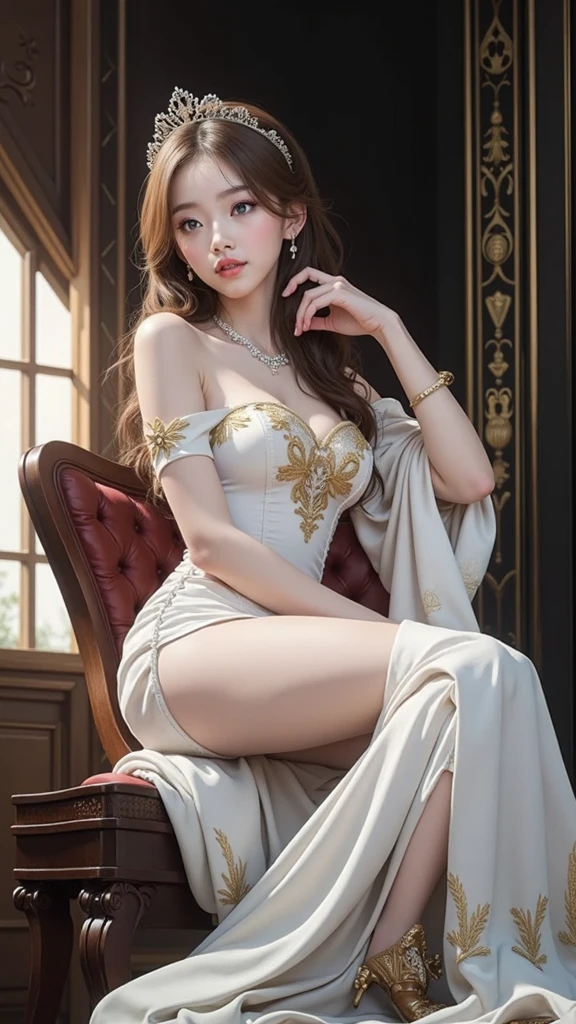 (top-quality, masterpiece: 1.1), 1girl in, The whole body from head to toe, A 30-year-old beautiful woman sitting on a chair bathed in light in a palace, Red drape dress that shows off a lot of skin, Bewitching waist, Random sexy pose with backwards and butt sticking out, Looking at the camera, red sheer drape dress, Drape dress with wide open chest, Tback panty, No bra, nobles, Nipple protrusions reflected in a drape dress, Crystal clear white skin, Gold accessories on hands and feet, Sweat shines all over my body, Black stockings, high-heels