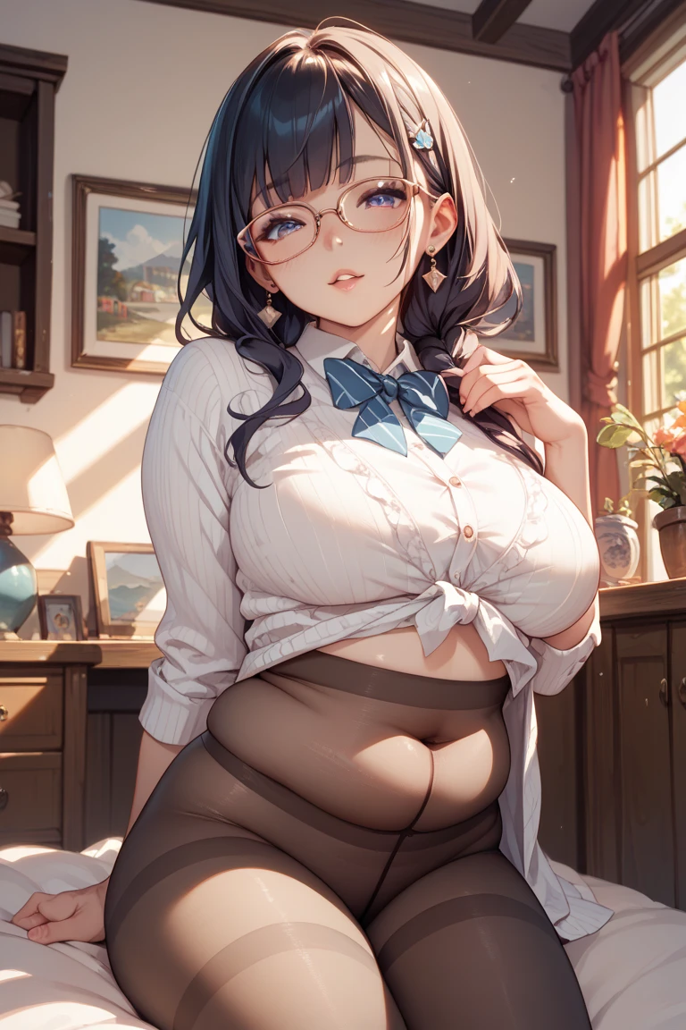 plump thighs, round glasses, big , two braids,sexual illustrations, japanese woman, pubic hair, panties are visible, selfie style, police uniform, the bedroom
