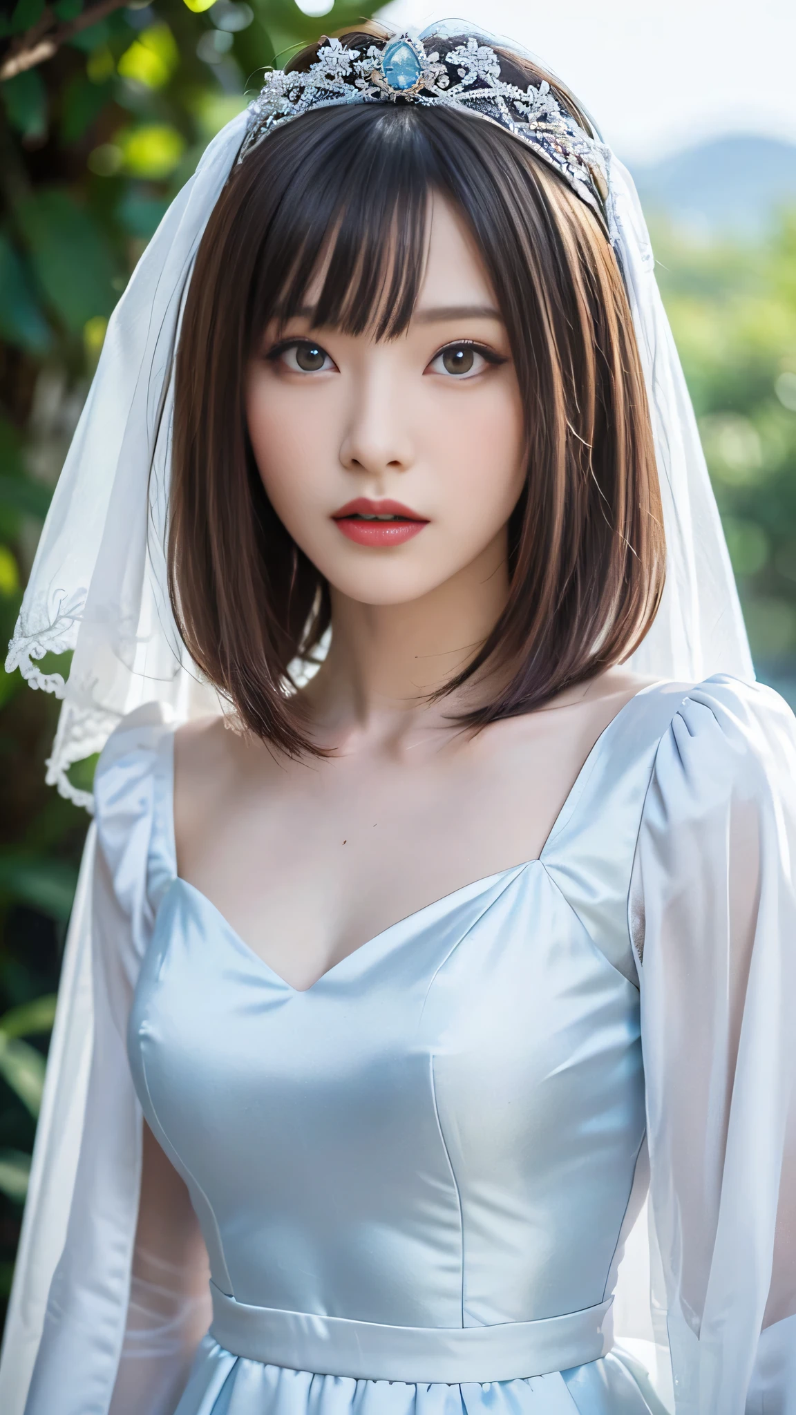 Bride 2nd place, Second Cosfit, (masutepiece:1.2), (ultra-detailliert), (8K, Convoluted), (85 mm), light Particle, Lighting, Full body, (Highly detailed:1.2), Breast Focus, (Detailed face:1,5), (rule of third_Composition:1.3), (Line of action:1.2), Daylight, Solo、Brown hair、Floating hair、