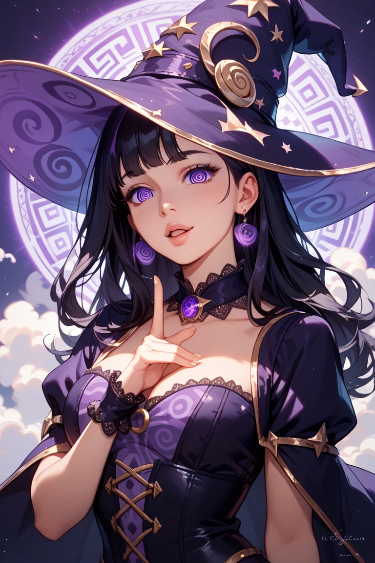 young woman, black hair, largo sombreo de witch, high, maniac, lip painted black same color eye shadow, witch