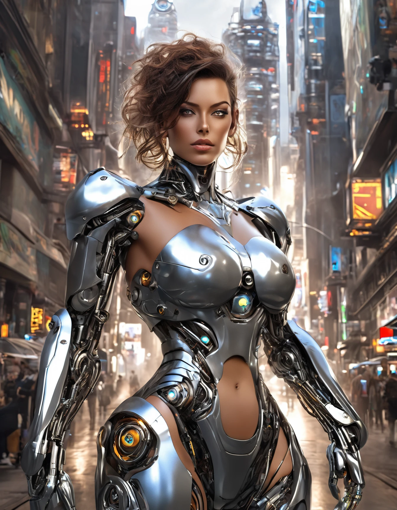 original photography, Super detailed, woman, cybernetic neck, (cyborg: 1.5), A ruined city block in the background, Vibrant details, Luxury Cyberpunk, hyper-actual, anatomical, elegant, 8K, best quality, masterpiece, Very detailed, (actual, photo-actual: 1.37), portrait.