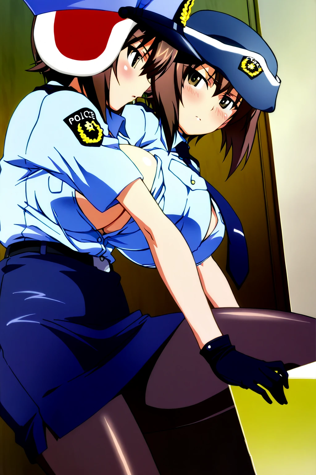 ((Best quality, 8K, Masterpiece: 1.3, 1girl, Beautiful girl)), cute, Dynamism, Detailed face, Detailed skin, Nude, Detailed eyes, Detailed lips, Detailed tongue, Detailed fingers, Detailed mouth, Photorealistic, Raw photo, highres, Natural lighting, dynamic pose, perfect anatomy, toned legs, double eyelids, tear bags, round eyes, moist lips, sweaty, police cap, police costumes, office, Medical office, Medical gloves, rainbow hair, blush, ecstatic face, steam, looking at viewer, brown hair, detailed breast, masturbating pose, squirting, licked dildo, masturbation sex with 3 girls, sexual climax