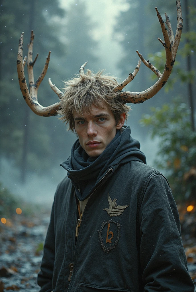breathtaking cinematic film still 1boy, animal ears, antlers, blue eyes, horns, light brown hair, long hair, mattaku mousuke, nude, original, simple background, solo, upper body, watermark, white background, shallow depth of field, vignette, highly detailed, high budget Hollywood film, bokeh, cinemascope, moody, epic, gorgeous, film grain, masterpiece, award-winning, professional, highly detailed