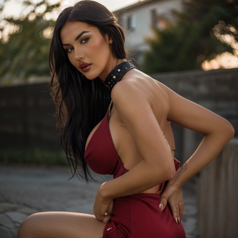 hyper realistic,arafed women,a picture by Adrian Zingg, reddit, arabesque,(((dressed in a sexy red backless dress:1.4))),((photoshoot)),((outside)),((night time)),background of flowers,anna nikonova aka new milky, angelawhite,((showing back)), wearing black lipstick,lips closed,sexy earrings,fit,(((busty round breast:1.3))),makeup as a jessica rabbit,stunning girl,black hair,ponytail,looking at camera,detailed face,showing curve,((sexy smile)),real photography,fujifilm superia,full HD,