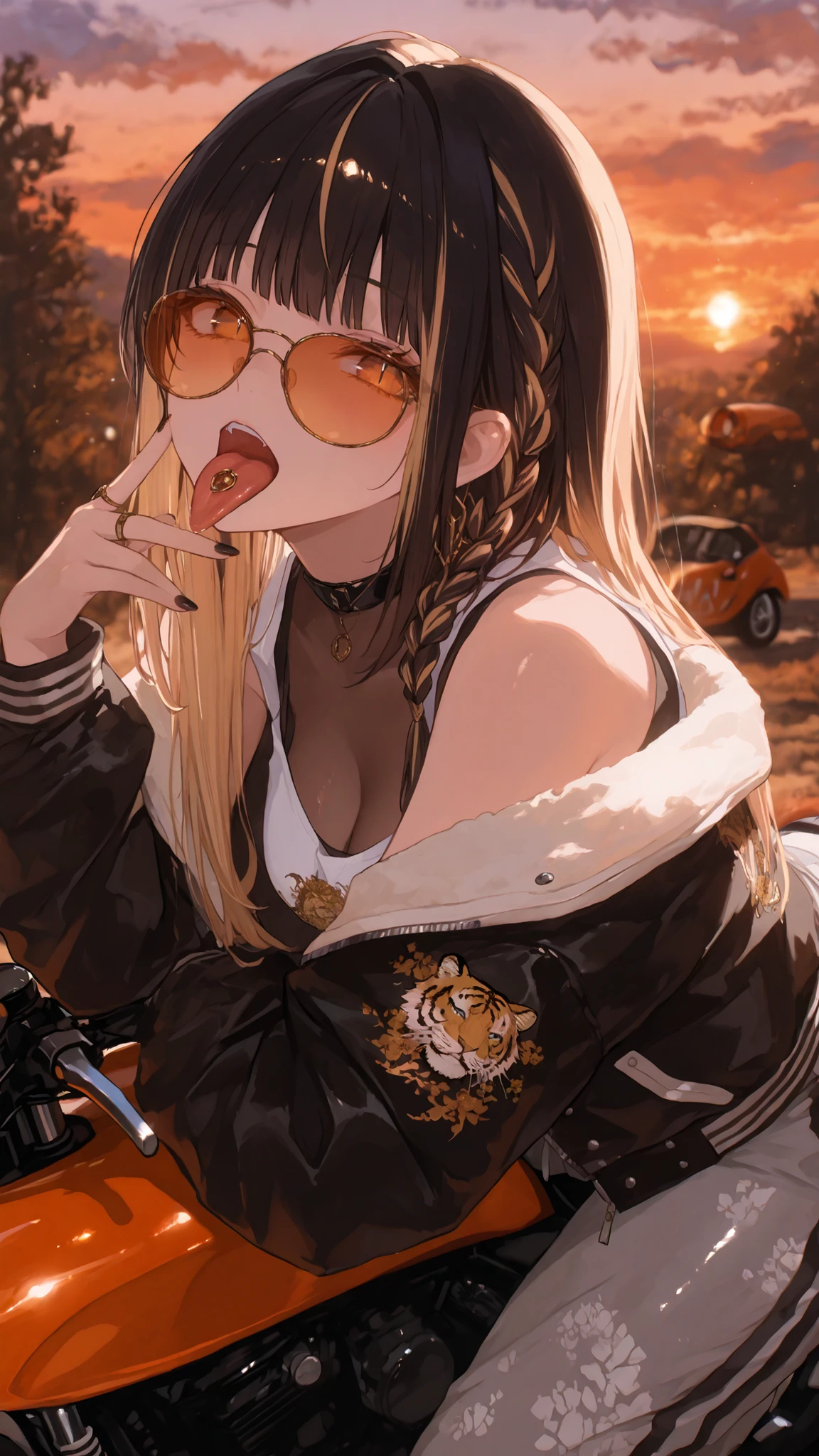 masterpiece, top quality, Twilight, Meller, orange sky , Superb , warm atmosphere, Natural Light, beautiful scenery, high resolution, 8,000, super detailed, 1girl animal_print ass black_hair black_jacket black_nails blonde_hair blunt_ends braid curtained_hair grey_pants jacket jewelry letterman_jacket long_hair looking_at_viewer motor_vehicle motorcycle multicolored_hair multiple_rings nail_polish off_shoulder on_motorcycle open_mouth orange-tinted_eyewear pants ring round_eyewear see-through_cleavage see-through_clothes see-through_shirt shirt side_braid sleeveless sleeveless_shirt slit_pupils solo straight_hair streaked_hair sukajan sunglasses sweatpants tiger_print tinted_eyewear tongue tongue_out top-down_bottom-up virtual_youtuber