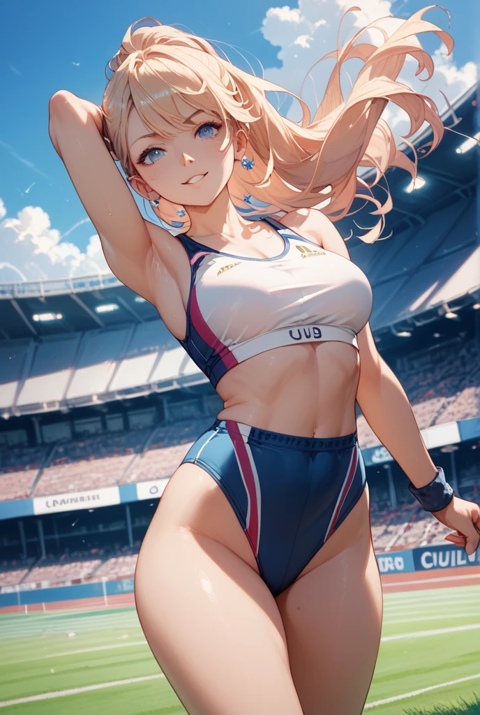 8k, mejor definicion,1 chica, (Campo de atletismo de mujeres maduras:1.3, trekking:1.2), vistiendo calzas deportivas blancas y camisetas sin mangas deportivas, (ojos finos y detallados, super detailed face), (ultra high resolution, foto en bruto de 8k, super realistas, sombreado textil), exterior, ((correct anatomy:1.37)), Imagen central, Vista frontal, dynamic angle, desde abajo,