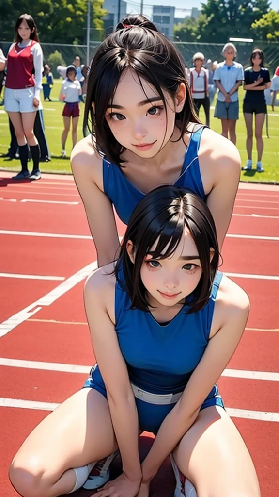 1 naïve 1 8 years old, Japan female college student, practicing for track and field, sitting with M-shaped legs on the field of the track and field stadium, wearing an ultramarine bra top and ultramarine running shorts, 1 person (Akiko Takase, Kazue Kato, , Aya Takano, Etsuko Miura, Choko, Tsugumi Oba, Chiho, Rinko Kawaichi, Takeyuki Kanda), Body shape is 158 cm tall, weight 53 kg, bust 83 cm (D cup), waist 61 cm, Hips 86cm, Hair is shoulder-length black hair, bangs, wet with sweat, bangs, whole body drenched in sweat, The scene is an athletics stadium at summer twilight