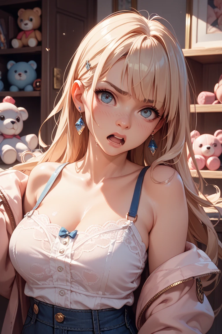 (masterpiece, best quality), female ageless, slim, russian, turquoise eyes, normal ears, snub nose, protruding chin, round jaw, smooth cheeks, square face shape with angular jaw, sculpted quadriceps, , platinum blonde long layers hair, hope wearing bralette, lingerie set, , hand on collarbone, placing a hand on the collarbone, creating a captivating and alluring pose, romantic, a combination of soft lighting, warm tones, and gentle shadows to enhance the romantic atmosphere