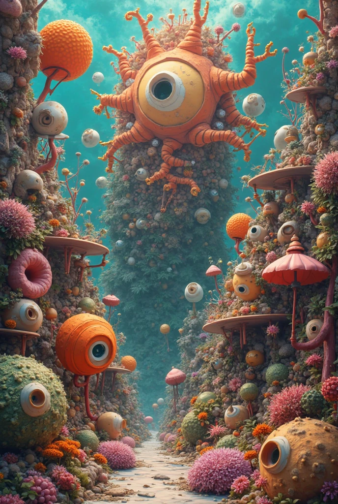 Strong visual fusion of multiple elements，Broto，来自Star的艺术家，house：1.37、Eyes-Flower Contact Lenses、Pearl Tears、Star、cloud、Spore powder、Ocean、Tentacles，Describing the inner world of autistic people，密集Pointillism method。Smooth lines。interesting，Strange illustration。Pointillism method。Strong contrast。Award-winning works。
