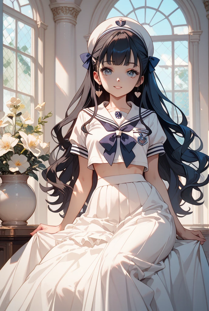 very cute and beautiful girl,(Very exquisite beautiful face and eyes:1.2),Sailor ,Navy blue pleated mini skirt, Skirt flip,(White panties),Dynamic Angle,(smile),blush,View your viewers,Black Hair, antique european living room,Luxury furniture, (Highest quality,masterpiece:1.2),Absurd,High resolution,Super detailed,Very detailed,32K,8K resolution, Intricate details,Movie Scenes,Detailed Background,alone,Dynamic Angle, Natural light,Hair blowing in the wind,