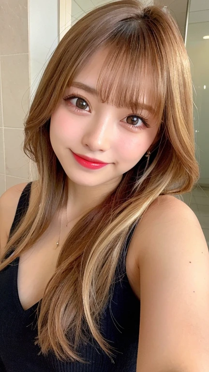 (((Light blue sleeveless dressを着てカフェ店内でポーズをとる女性)))、Shiny and smooth light brown hair, Beautiful sky in every detail、Earrings、(Dynamic Pose:1.2)、 (Upper body:0.8)、Soft lighting、Wind、Glowing Skin、Laughter、,(eye shadow:1.3),(Eyeliner:1.3),(mascara:1.3),(Red cheeks:1.3),(sexy lipstick:1.1),K-POPアイドル、Gravure idol pose、Cowboy Shot、(((Gal)))、Light blue sleeveless dress、light blue high neck sleeveless dress、:1.2、Photographed inside the cafe