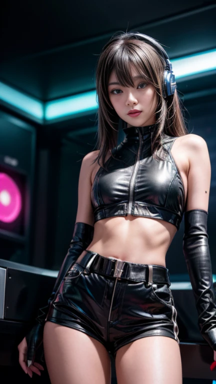 Japanese gamer girl star blade style beautiful with dark blonde hair cyber punk sexy with fitness body and professional headphones 