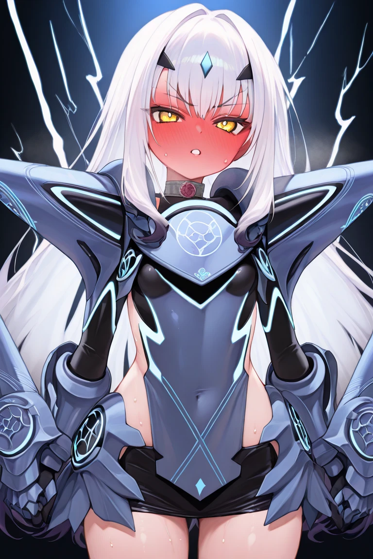 ultra-detailed, Explicit, Beautiful body, Beautiful Nose, Beautiful character design, perfect eyes, perfect face, ultra highres, 4K, beautiful legs, perfect legs, Nice hands, Perfect hand, Masterpiece, Best Quality, Highly detailed, illustration, absurdres, perfect anatomy, expressionless, blank eyes, emotionless,corruption, mind control, female combatant, full body, hypnotized, unhappy trance, full body suit, ribbed bodysuit, both arms at side, obey, perfect female body, looking at viewer, hypnosis, hypnoLora, empty eyes, Mind control device, poses, Slave, Fighting Stance,numbersuit, two-tone bodysuit:0.9, blue bodysuit:0.9, light blue bodysuit:0.9, (((pixel-perfect, detail-perfect))) 1girl, solo, hair ornament, small breast, Shy, SHORT HAIR, WHITE HAIR, RED EYES, HAIR BETWEEN EYES,
