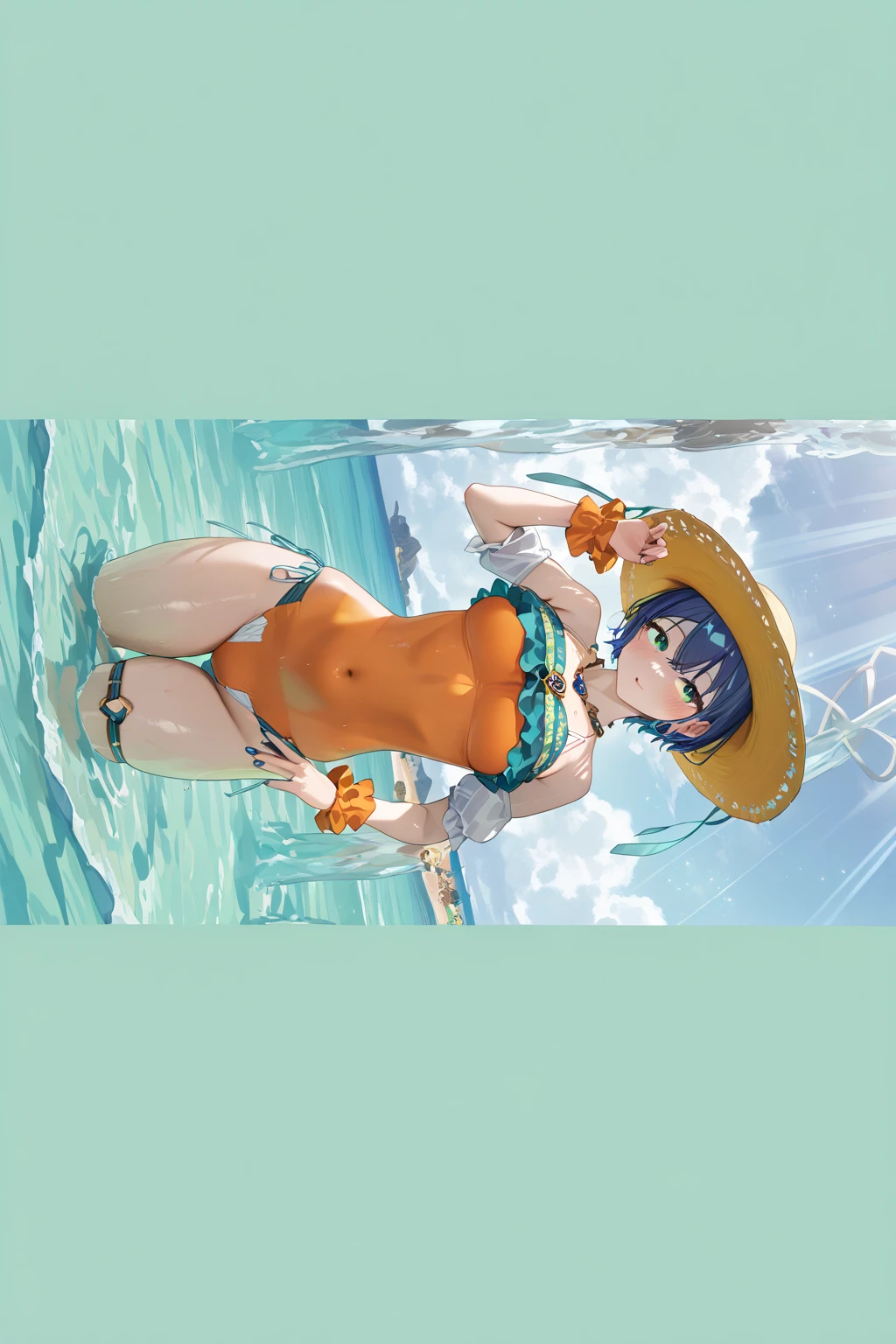 Absurdres, ultra high quality, higly detailed, flawless anatomy, beautiful, blue sky, clouds, best summer, 1girl, solo, sexy, mature, stylish bikini swimsuit, summer hat, goggles, sexy pose, slim thick body, bubble butt, big boobs, cleavage, perfect anatomy, beach, under beach umbrella, shadow, on the beach, cocktail, smiling, looking at the camera, full body, highly detailed,