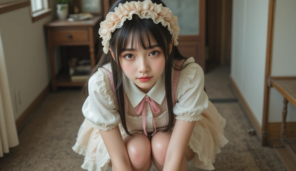 (Raw Photos: 1.2), (Photorealistic: 1.4), Beautiful Detailed Girl, Highly Detailed Eyes and Face, Beautiful Detailed Eyes, Ridiculous, Incredibly Ridiculous, Huge File Size, Ultra Detailed, High Resolution, Very Detailed, Best Quality, (Bright Indoors), (Soft Light), (Low Contrast), (Shallow Depth of Field), ( Portrait of a beautiful woman illuminated by gentle light), (very delicate and elegant depiction), (short length bangs), (hair color is a dark maroon shade with a slight brown tone), (subtle and gentle wavy hair), (small braid intricately woven on the sides of long hair), (decorated with thin ribbons), (white blouse with small ruffles), (bow tie), (blue long skirt), (( Bare skin calves)), ((ruffled white ankle-length silk socks))), illustration, very detailed, CG, unification, 8k wallpaper, amazing, fine detail, top quality, face light, movie lighting, 1 girl, 24 years old, (without panties)), (dynamic pose)), (bent knees and legs sitting), (((フリルの白い足首丈のシルクソックス)))、
