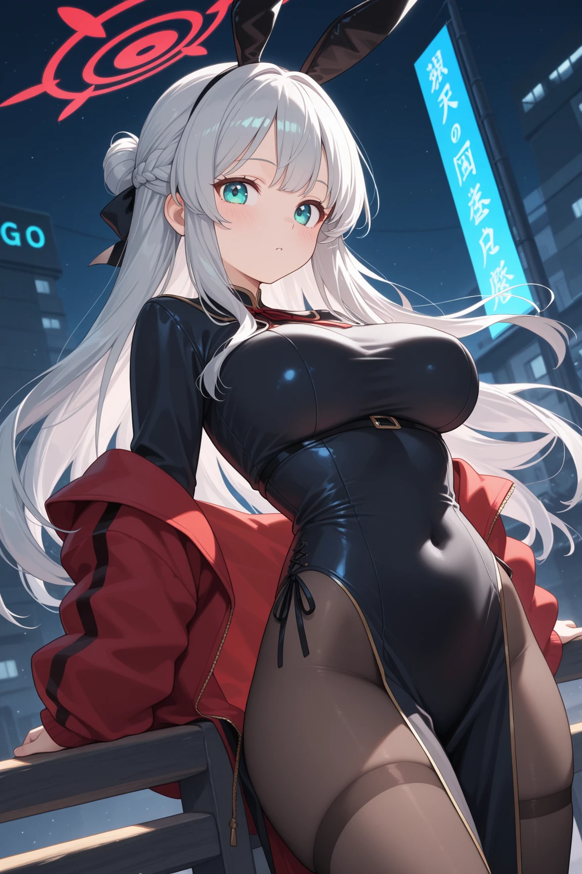 masterpiece, best quality, rosems , hagoromo, shawl, dress, bare shoulders, belt, pantyhose, scarf ,shoulder cutout, outdoors, empty city, night, venusbody, gigantic breasts, wide hips, looking at viewer, smile, adjusting hair, river