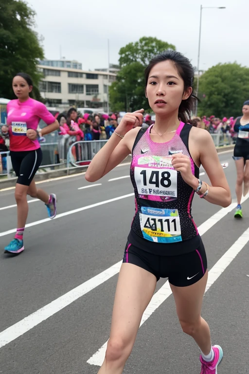 ８K、High definition、Ultra Detail、Photorealistic、Realistic and accurate depiction、Realistic and accurate human anatomy、High resolution、Highest quality、Japanese beautiful girl、Highest quality, masterpiece, 超High resolution, (Realistic:1.4), RAW Photos, Highest quality, masterpiece, 超High resolution, (Realistic:1.4), Raw photo, Very detailed, Perfect Anatomy, One girl, 18-year-old, The most famous Japanese idols, (Running in a marathon), An innocent smile, ((Upturned buttocks)), ((A very cute face, just like a popular Japanese idol, Very beautiful big black round eyes, Very beautiful short black hair)), Very beautiful slim body, Very beautiful thighs, Marathon Competition Details, Attention to detail、Colorful marathon uniforms with cute designs、Full Body Shot