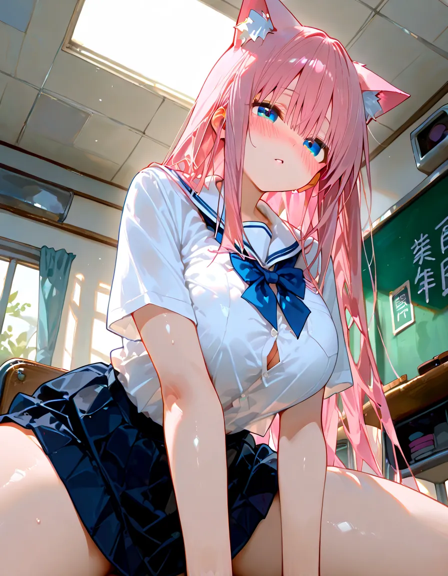 high school girl、School classroom、((Big Breasts))、((((独奏))))、smirk、1 girl、from below、With a cheek cane