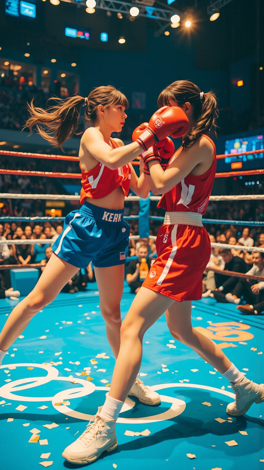 beautiful woman, superiority, office lady, tight skirt, light brown hair, boxing globe, punch attack to viewer, sweat, smirk, open mouth, POV, wrestling ring, spotlight