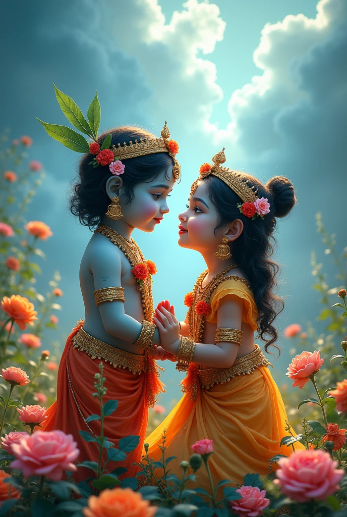 Goddess Radha and Lord Krishna as childs playing in the garden , Indian God, 8K render, facing towards the viewers