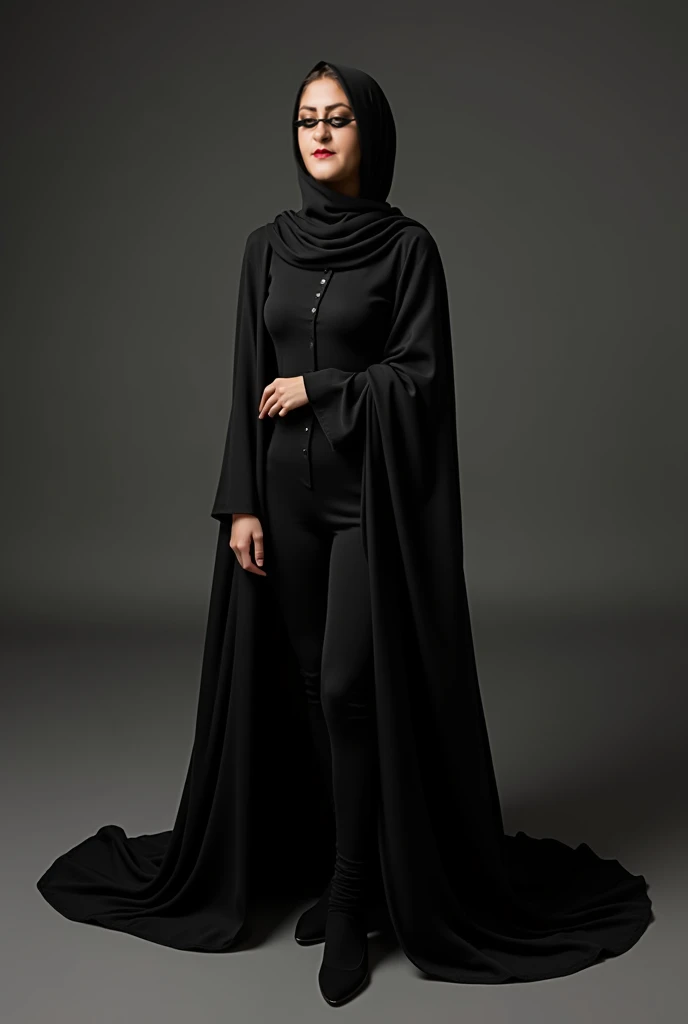 digital art, highly detailed, reference sheet, standing pose, feminine features, mature woman, adult female, whole body, bald, form-fitting, abaya dress, long sleeves, floor length skirt, flat shoes, 1woman, solo, upper body, lower body, ((Extremely Detailed)), ((Best Quality)), ((Masterpiece)), ((4k))